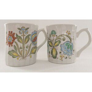 Set Of 2 Vintage Floral Ceramic Mugs With Handle Retro Bright 70s